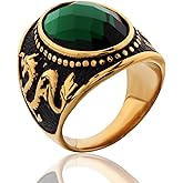 MASOP Stainless Steel Vintage Antique Gemstone Green Emerald Color Stone Ring for Men and Women