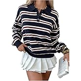 Verdusa Rugby Shirt Preppy Striped Long Sleeve Shirt Women Pullover Sweaters Collared Knit Tops