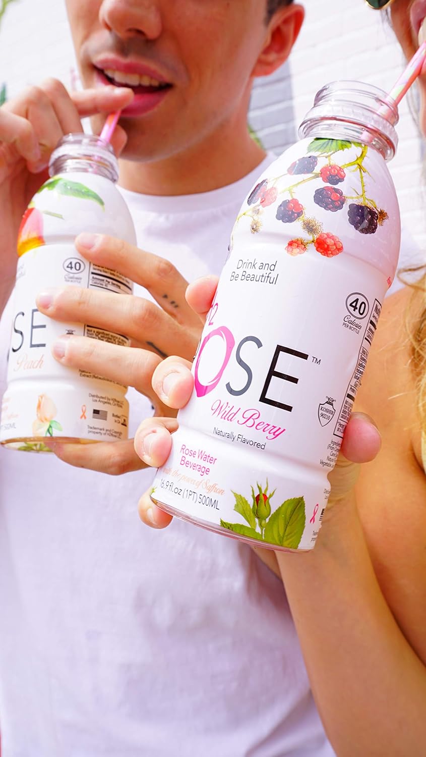 H2rOse - Rose Water Beverage with the Power of Saffron – Healthy Alternative to Sodas & Sports Drinks - All Natural, Gluten Free, Non-GMO, Vegan w/ Added Benefits - 16.9 Oz, 12 Pack (Peach): Grocery & Gourmet Food