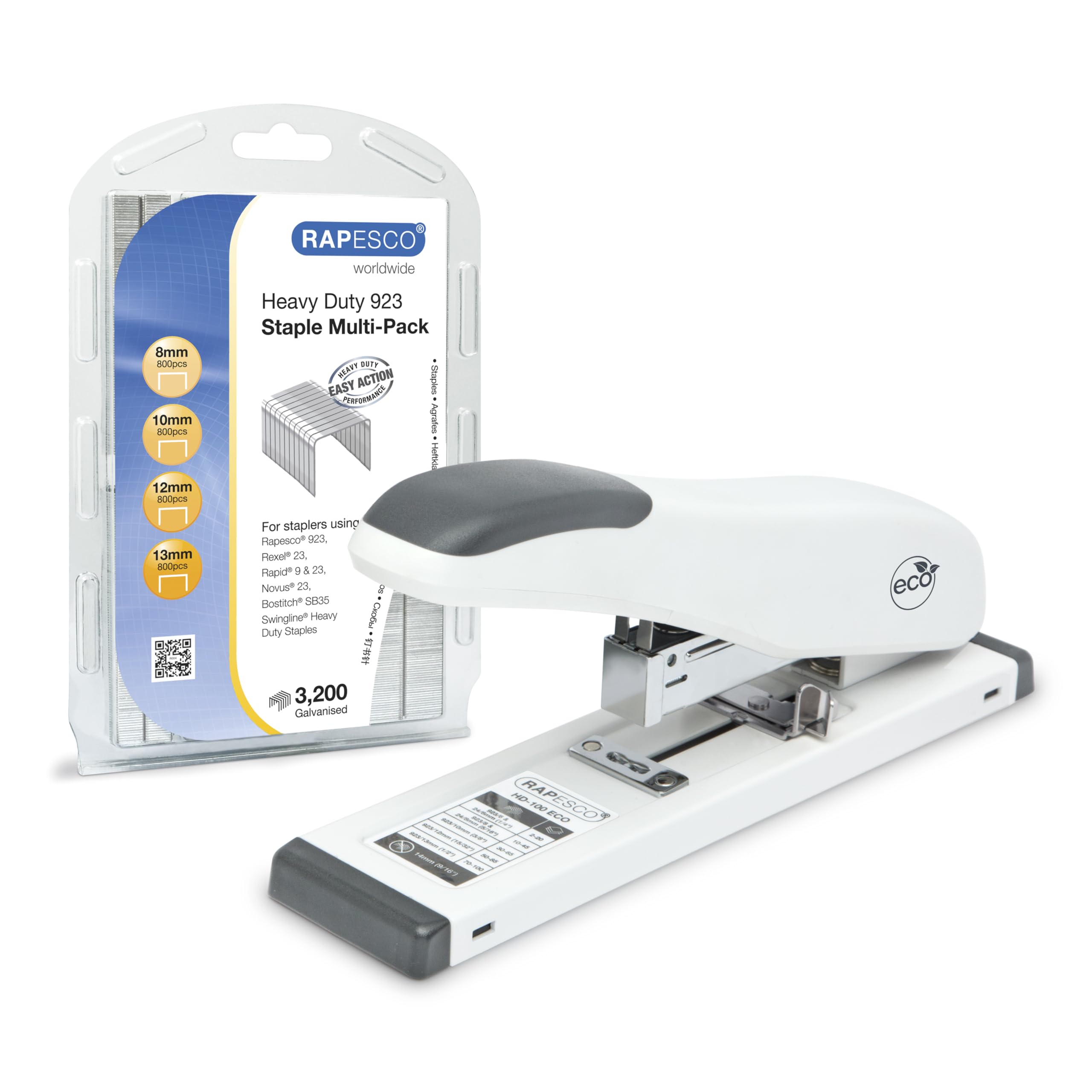 Rapesco 1461 ECO HD-100 Heavy Duty Stapler with 3200 Type 923 Staples, 100 Sheet Capacity, Soft White