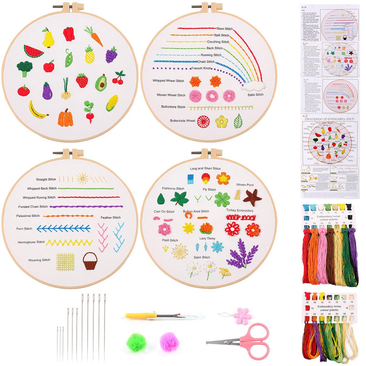 MAMUNU Embroidery Kit, 4 Embroidery Starters Kit Set with Flowers Plants Pattern, Cross Stitch Kits with Instructions, Embroidery Hoop, Threads and Tools for Beginners Adults Kids