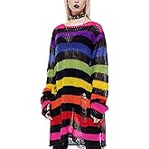 Peaceglad Womens Oversized Goth Punk Ripped Striped Long Sleeve Pullover Sweater Dress Tops