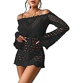 OYOANGLE Women's Crochet Hollow Out Long Sleeve Off Shoulder Beach Dress See Through Cover Up Swimwear