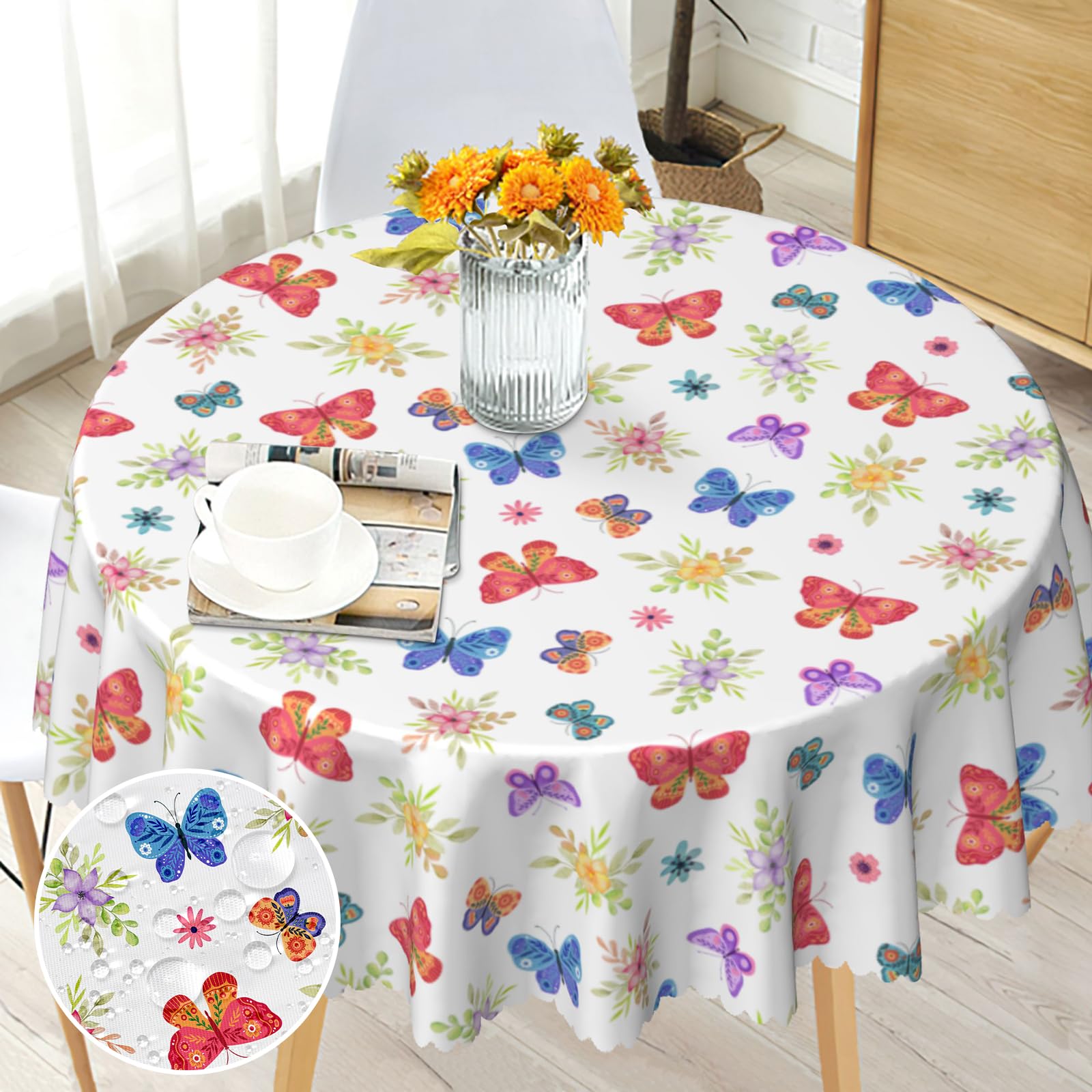 MAST DOO Round Tablecloth 60 Inch, Butterfly Floral