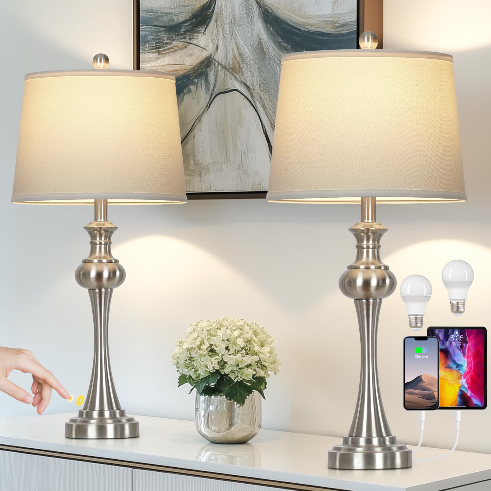 Photo 1 of 28.75"Silver Table Lamps Set of 2, 3 Way Touch Control Living Room Lamps with USB A+C Ports & Outlets , Modern Bedside Lamps, Elegant Metal Nightstand Lamps for Bedroom Office End Table Decoration