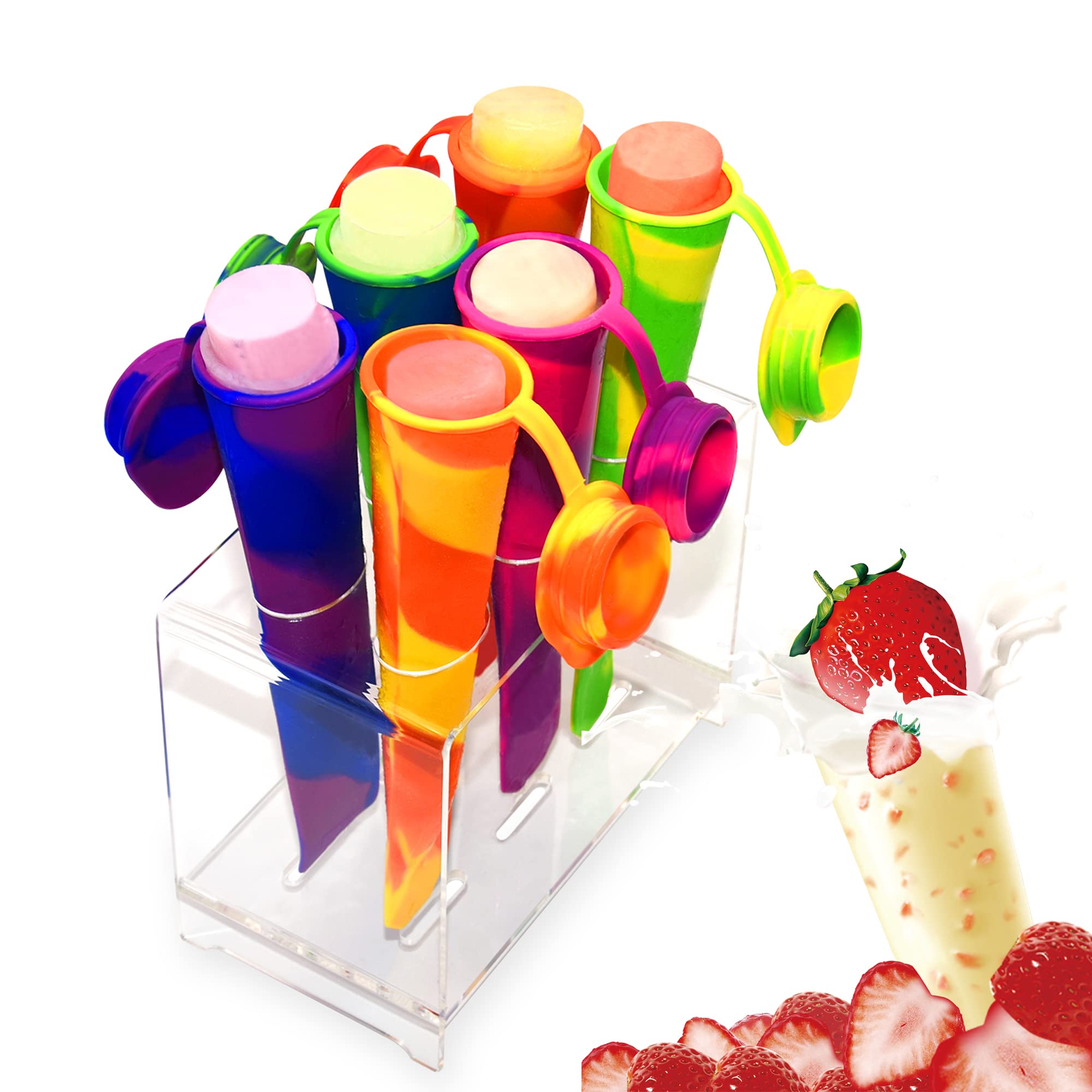 Bangp Silicone Homemade Popsicle Moulds, DIY Pure Color Popsicle Maker Moulds with Attached Lids, Pop Ice Maker, Reusable, Set of 6 with Disassemble Shelf (Colorful)