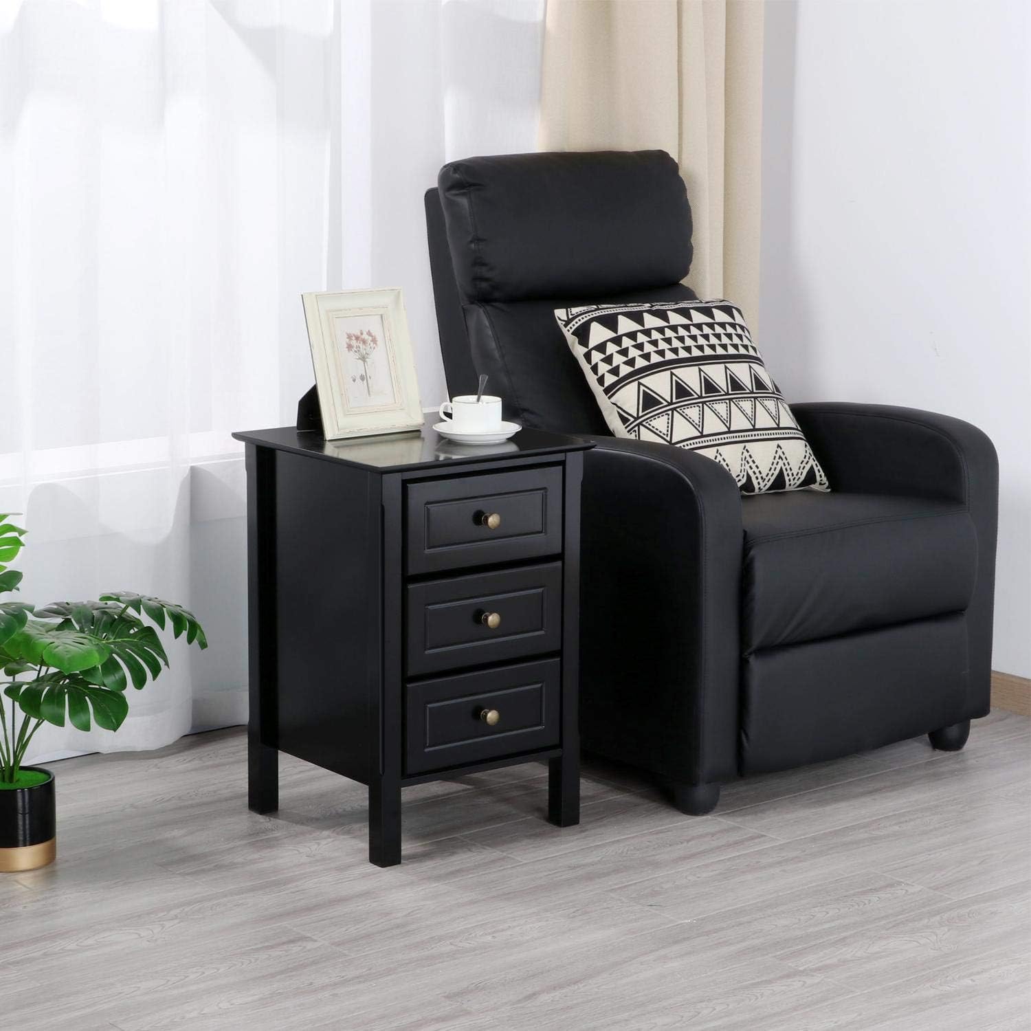 YAHEETECH Wood 3-Drawer Nightstand with Solid Pine Wood Legs Bedroom Furniture, Black: Furniture & Decor
