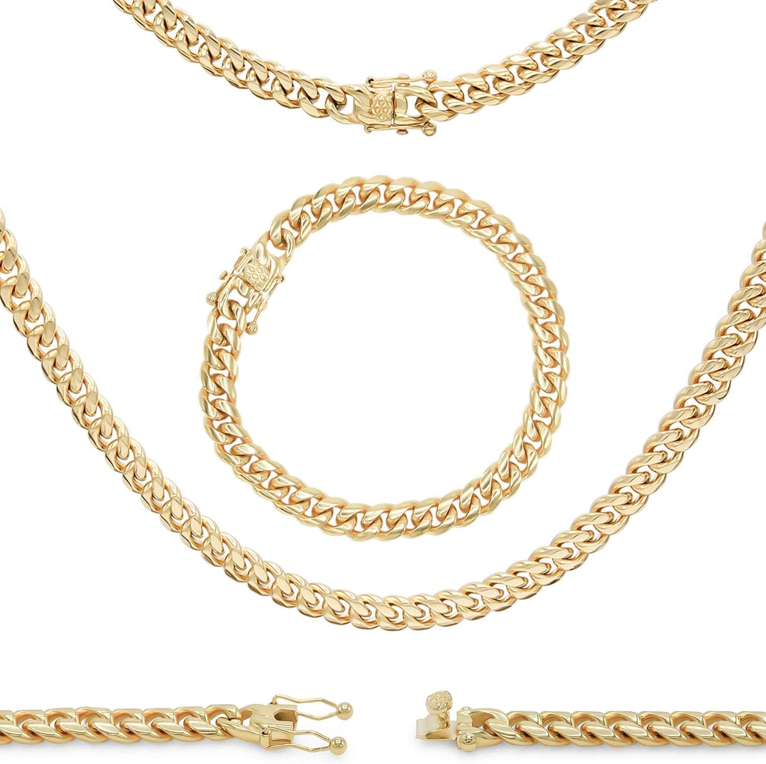 BEBERLINI Cuban Link Chain 14K Gold Plated Curb Necklace 30" Bracelet 8.5" 9" Stainless Steel Fashion Jewelry for Men 6 mm - 18 mm