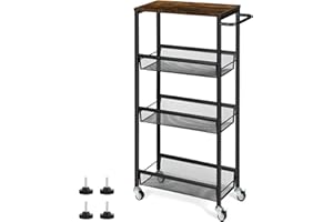 NANANARDOSO 4 Tier Slim Rolling Cart, Narrow Shelf Storage Cart for Small Space, Slide Out Narrow Cart with Wooden Top, Metal Handle and Wire Mesh for Narrow Space on Kitchen, Bathroom, Laundry Room, Black.
