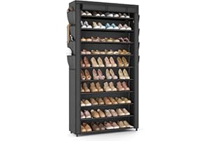 VTRIN Tall Shoe Rack with Cover, 10 Tier Shoe Organizer Storage for 50-55 Pairs Shoes and Boots Large Capacity Shoe Shelf with 8 Pockets Free Standing Shoe Rack for Closet, Entryway, Garage