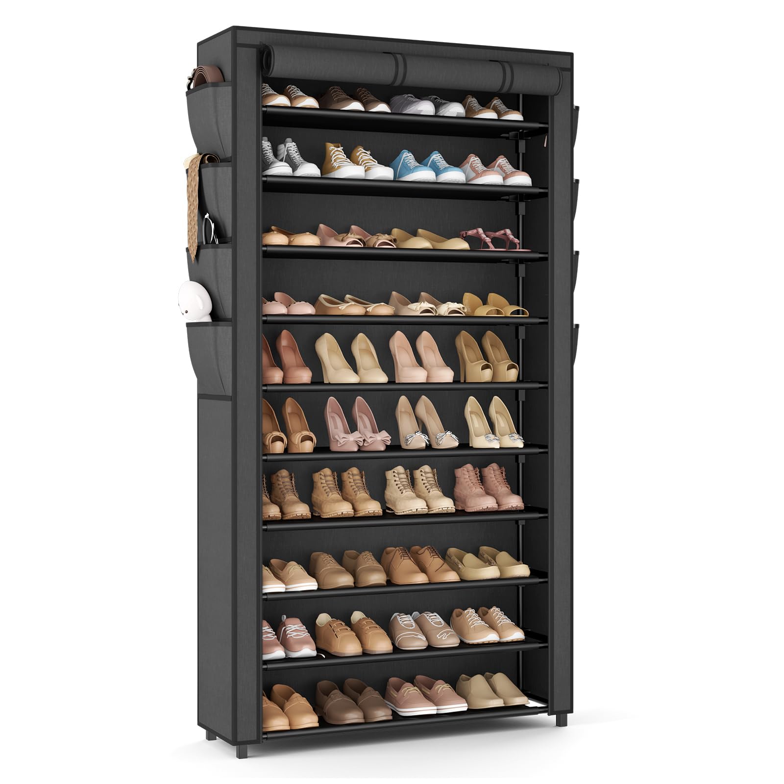 Photo 1 of VTRIN Tall Shoe Rack with Cover, 10 Tier Shoe Organizer Storage for 50-55 Pairs Shoes and Boots Large Capacity Shoe Shelf with 8 Pockets Free Standing Shoe Rack for Closet, Entryway, Garage