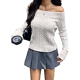 Womens Off The Shoulder Long Sleeve Cable Knit Sweater Preppy Tops Loose Fit 2026 Fashion Y2k Fall Winter Clothes