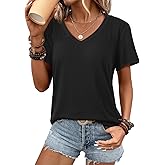 ATHMILE Womens V Neck Short Sleeve Summer T Shirts Curved Hem Plain Top Beach