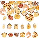 Boutigem 24Pcs Resin Imitation Food Charms Shrimp Chocolate Bun Baguette Bread Cheese Pizza Hot Dog Charms Cute Cartoon Food Resin Pendants for DIY Crafts Necklace Bracelet Keychain Jewelry Making