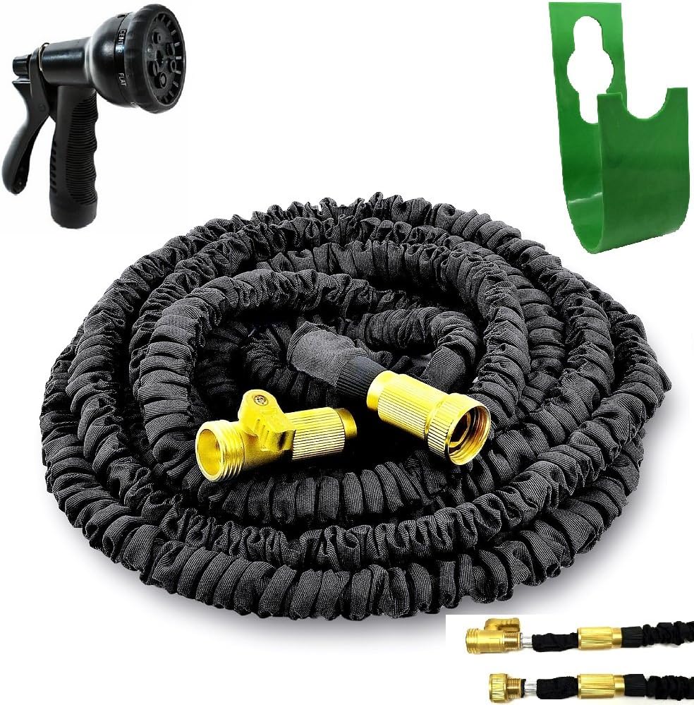 ManyGreen Expanding Garden Hose 75ft Black COMPLETE SET Brass Connectors Extra Strength Fabric, Double Core lightweight Expandable Water Hose | Gardening Gifts Space Saver Retractable -no Reel needed