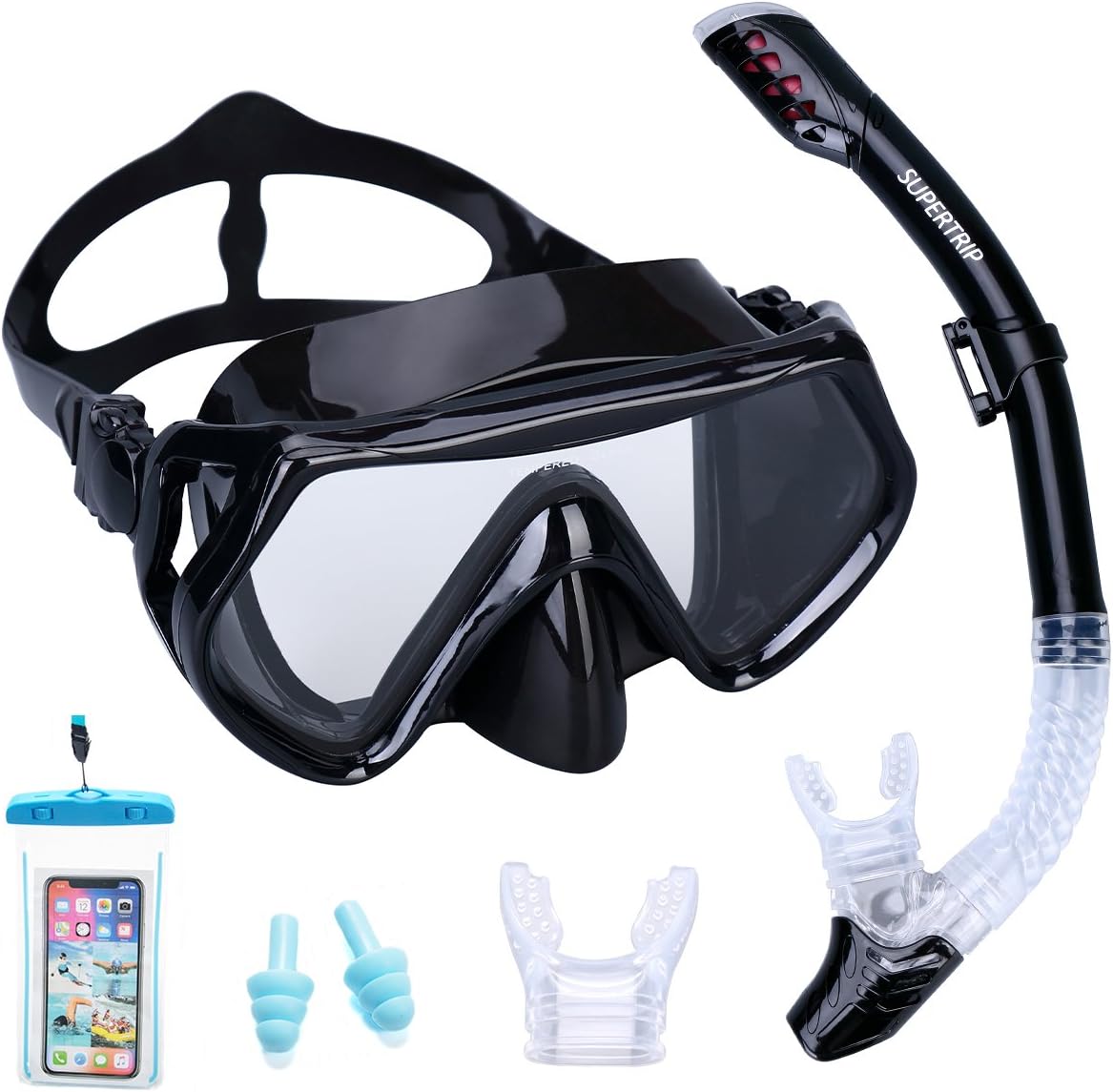 Supertrip Snorkel Set Adults-Anti-Fog Film Scuba Snorkeling Diving Mask with Impact Resistant Temperred Glass|Dry Top Snorkel, 2 Mouthpieces 1 Waterproof Case Included Black : Sports & Outdoors
