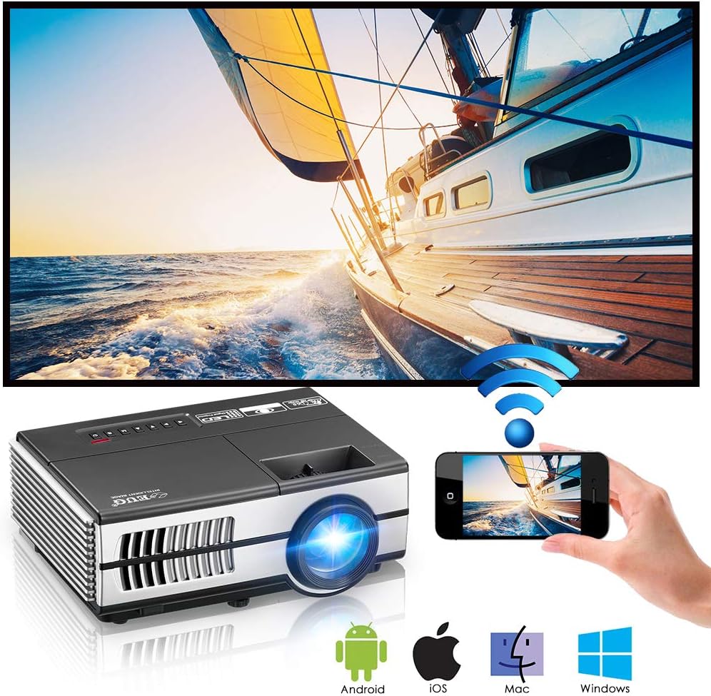 Mini Portable LED Wifi Projector with Bluetooth Android LCD HD Wireless Home Movie Projector 1080p Airplay HDMI USB VGA AV Audio for Samsung iPhone iPad Smartphone Tablet Laptop PC Roku Firestick Kodi