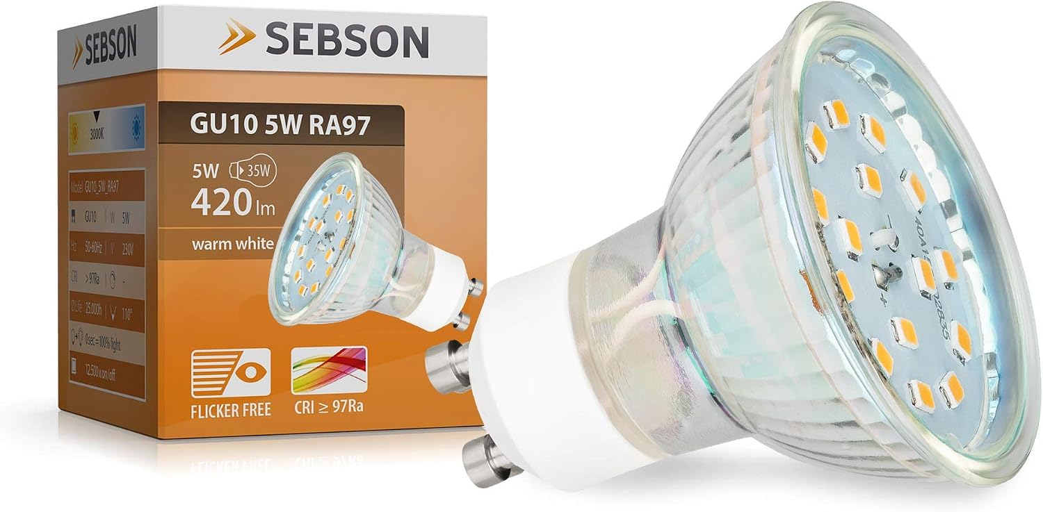 SEBSON GU10 LED Bulbs Warm White 3000K, 5W, 4 Pack, Spot Lights Ceiling, Equivalent 35W Halogen Bulbs, RA97, 420lm - Image 3