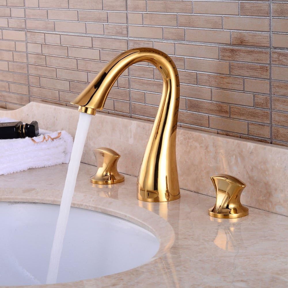 LHbox Basin Mixer Tap Bathroom Sink Faucet The Modern All-Copper Golden Basin Three Hole Faucet Bathroom wash basins and Cold Water Double-tap on The tub Three-Piece Faucet,