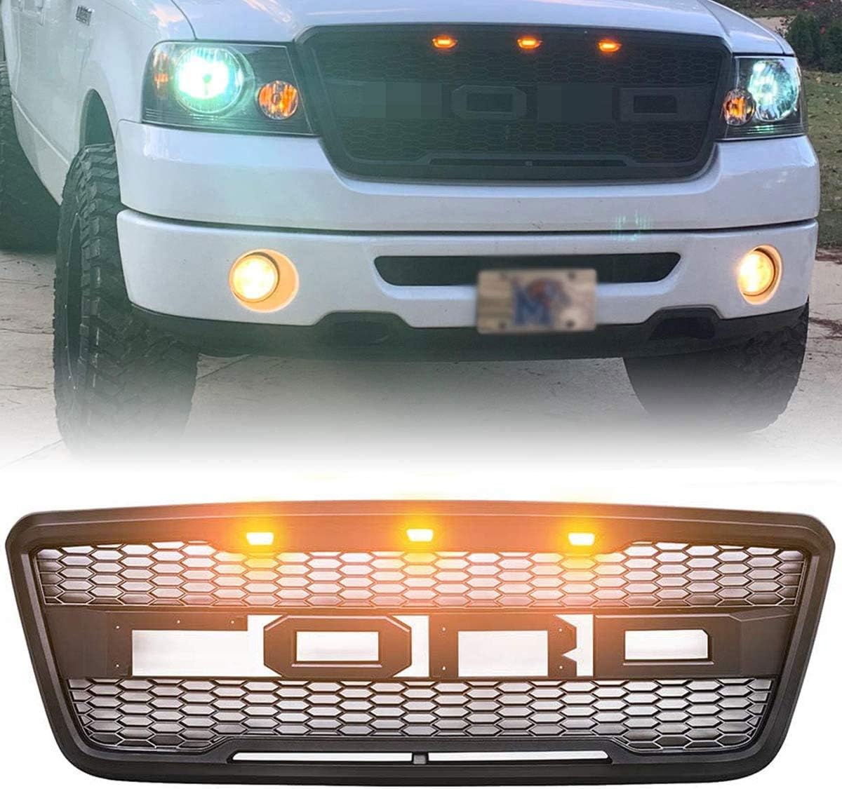 Front Raptor Style Grill, Mesh Honeycomb Matte Black Frame Grille, with 3 Amber LED Lighting, for Ford F150 2004-2008, Car Modified Accessories