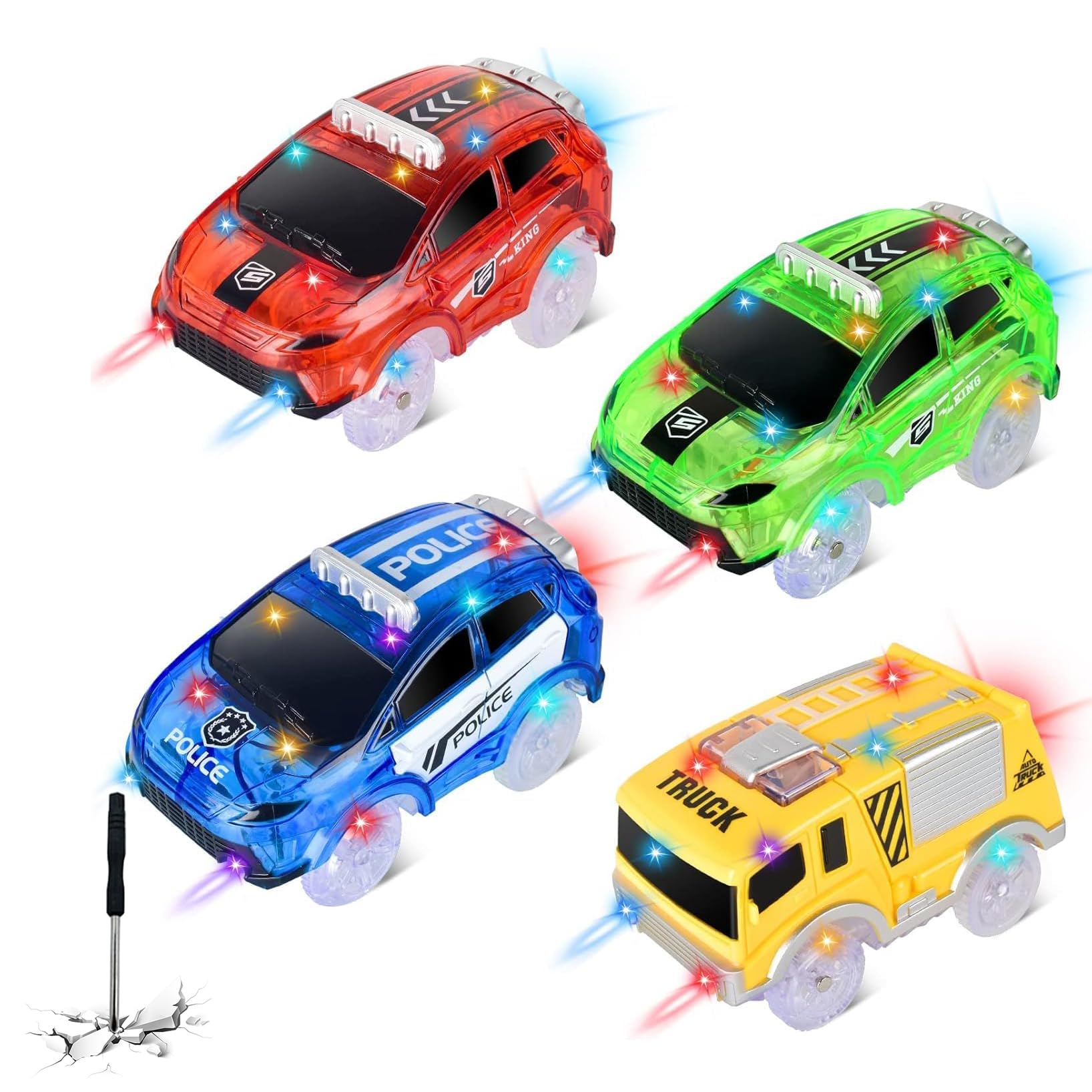 Track Cars Only Replacement Glow in The Dark with 5 Flashing LED Lights, Light Up Tracks Cars, Flex Race Car Compatible with Most Race Tracks for Kids (4pack) with Screwdriver