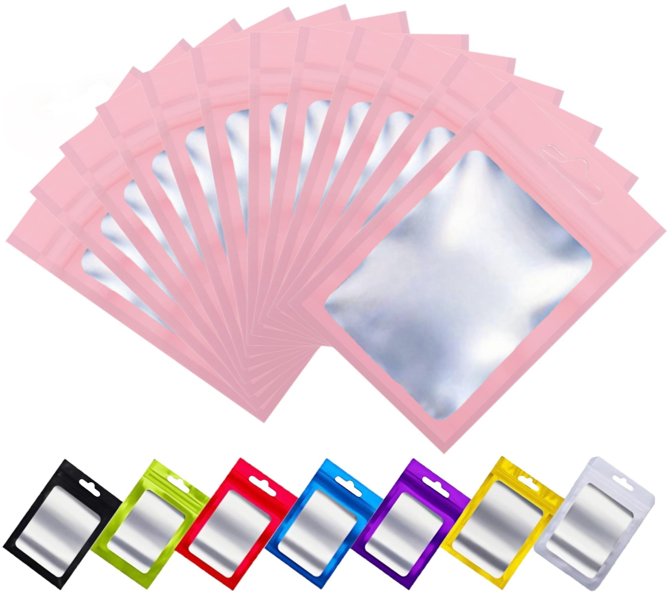 Rimiko 100pcs Mylar Ziplock Mylar Bags with Clear Window, Aluminum Foil Sample Bags, Resealable Pouch for Packaging and Food Storage (Pink, 4.7"x7.9")