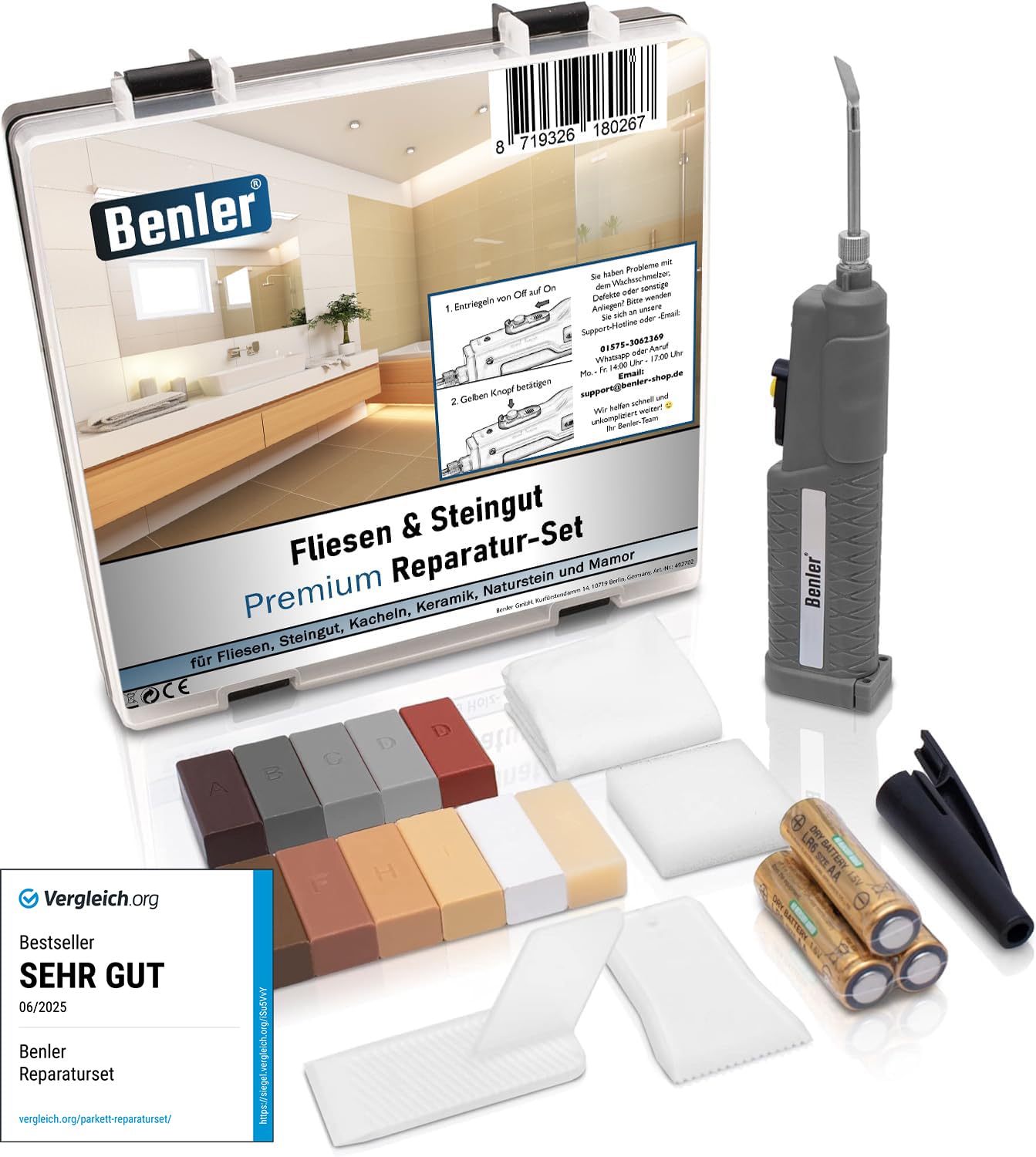 BENLER® Tile set with 2-in-1 wax melter for tiles, ceramics and earthenware, brown tones, also suitable for laminate, parquet and vinyl floors, 19-piece kit (brown/grey)