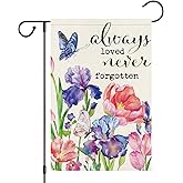 Heyfibro Always Loved Never Forgotten Memorial Garden Flag 12x18 Double Sided Burlap, Spring Summer Butterfly Iris Flower Yard Flags for Rustic Outside Outdoor Cemetery Decoration (ONLY FLAG)