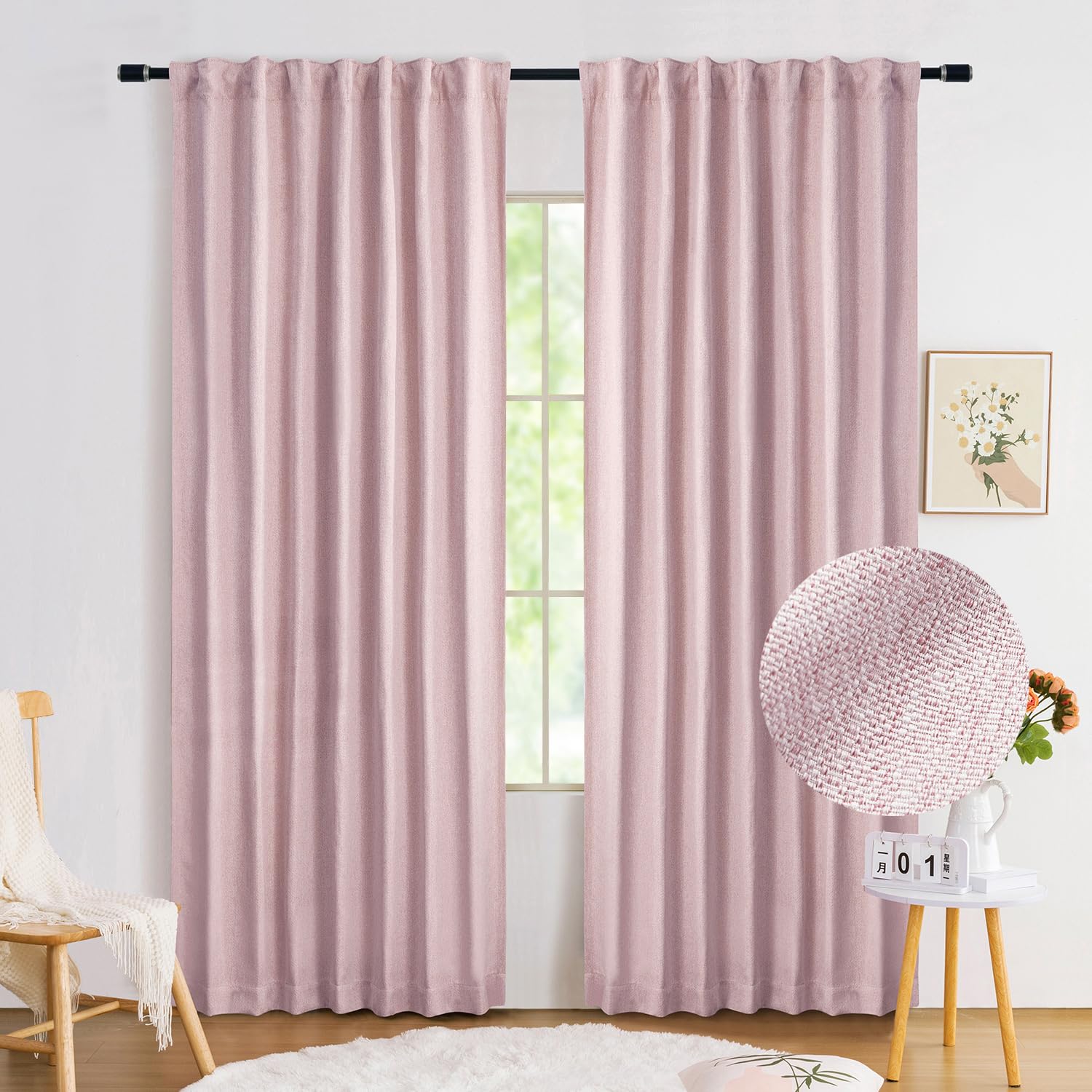 Pink Full Blackout Curtains for Nursery Girls Bedroom, 54 Inches Long Burlap Linen Textured Thermal Insulated 100 Room Darkening Back Tab Rod Pocket Drapes for Living Room Dining, 52"W 2 Panels