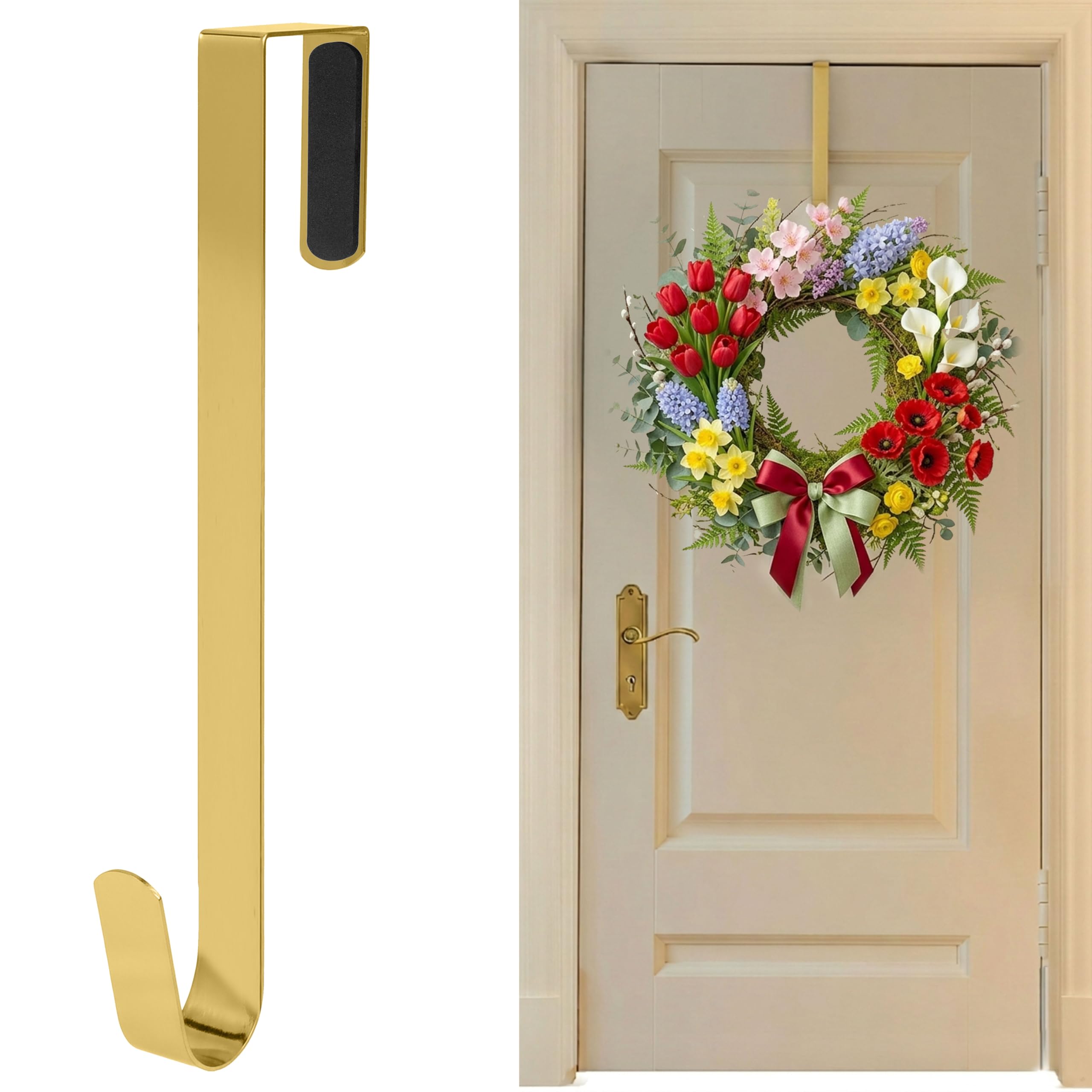 SR ESSENTIALS Wreath Hanger for Front Door 12 Inch – Heavy Duty Over Door Hook for Wreaths, Coats & Bags, Metal Door Hanger for Wedding, Easter, Seasonal Decorations (1Pc Golden)