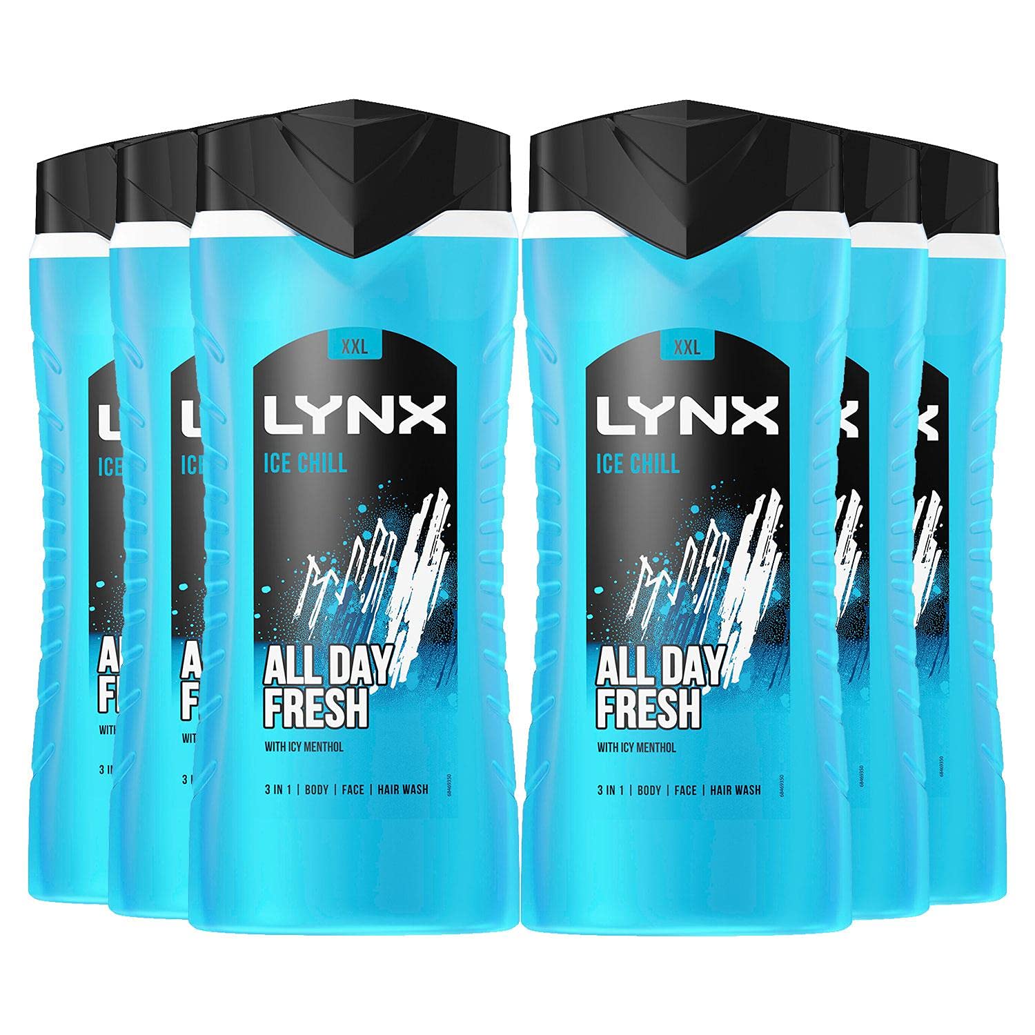 Lynx Ice Chill 3 in 1 Shower Gel for Men 500ml Pack of 6 Hair Face & Body Wash with Icy Menthol Plant Based Moisturisers Dermatologically Tested Lynx Shower Gel Multipack