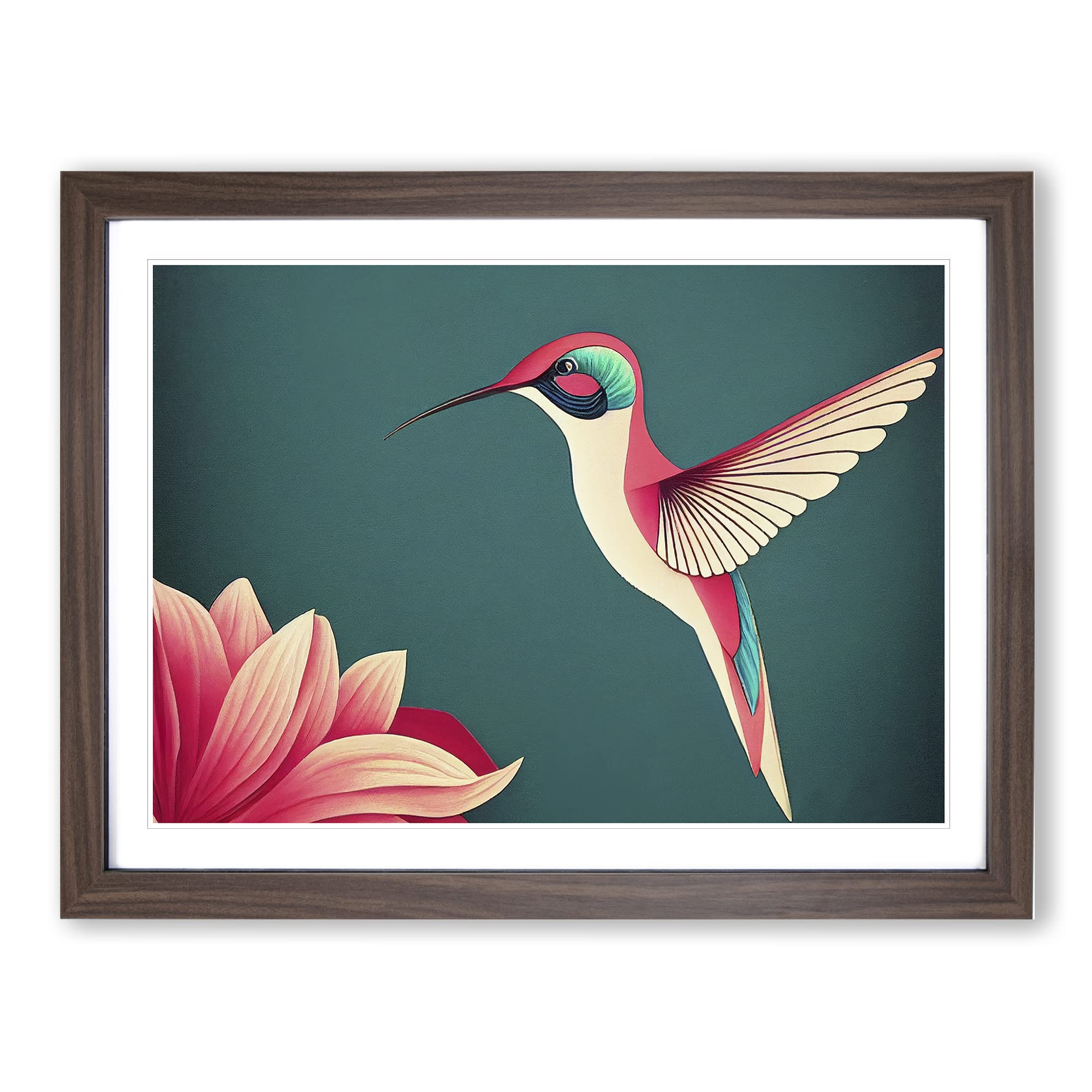 Hummingbird Art Deco Abstract Framed Print | A4 Walnut Framed Wall Art | Ready to Hang | Art Deco Fantasy Picture | Living Room Bedroom Lounge Office