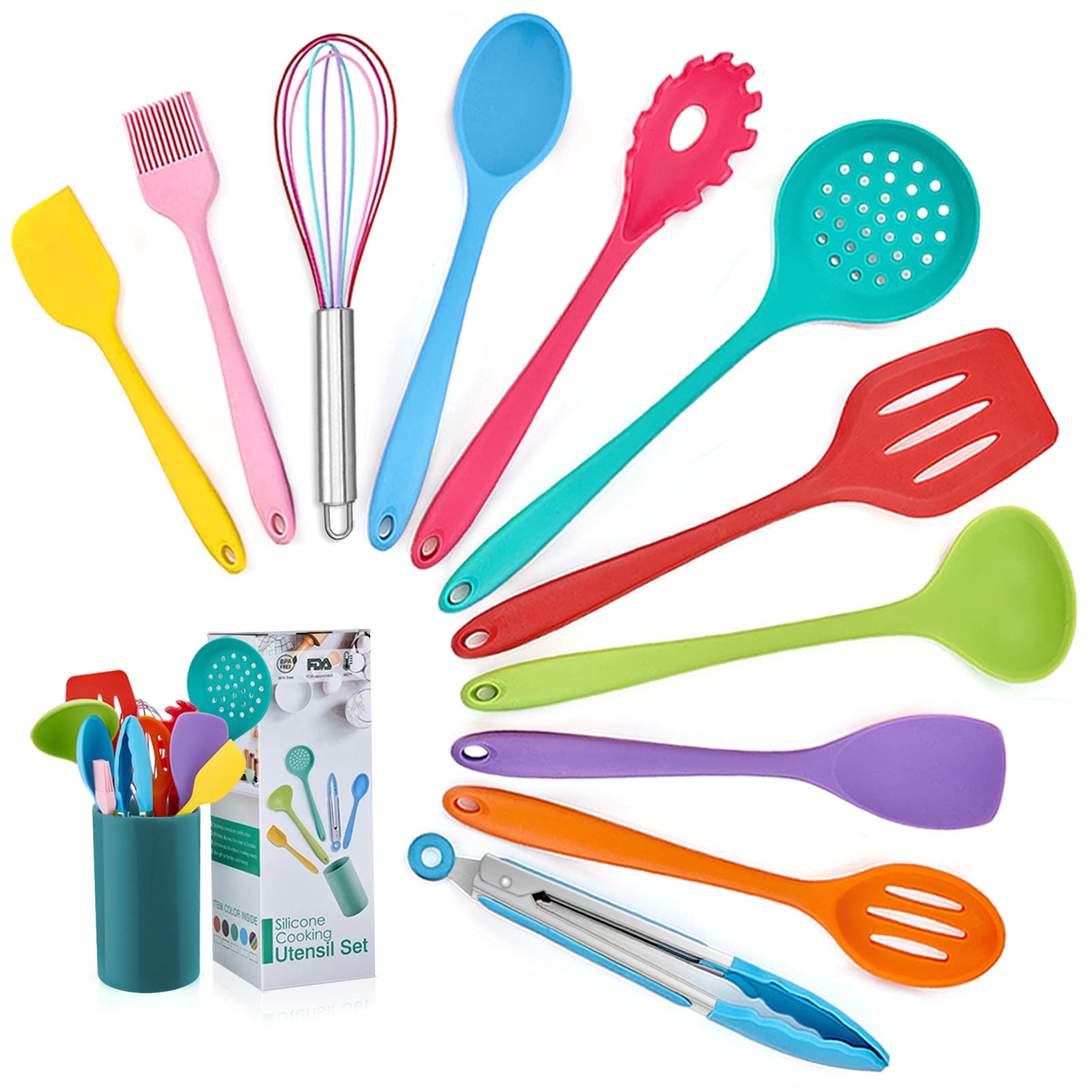 Kitchen Utensil Set, Homikit 12 Piece Cooking Utensils, Silicone Kitchen Utensils Set with Holder, Heat Resistant Kitchen Tools Include Spoons Turner Spatula Tong for Non-Stick Cookware, Multicolor — image 1
