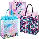 BLEWINDZ Large Gift Bags with Tissues – 3Pcs Mermaid Girls Kids Tote Reusable Gift Bags with Handles for Birthday Party Favors, Baby Showers, Shoppings (13" x 7" x 13.2")