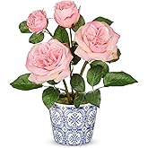 Hollyone Pink Real Touch Roses Artificial Flowers in Vase Blue and White Porcelain Ceramic Pot 13.4" Fake Roses Flower Arrangement Artificial Plants & Flowers Potted Plant Faux Silk Rose Flower