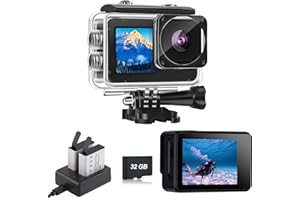 Action Camera with 32GB Memory Card Waterproof Cameras 4*Zoom Dual Screen 131FT(40m) Waterproof Underwater Camera with 2X Bat