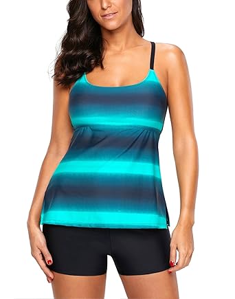 GOSOPIN Damen Tankini Set Gestreift Verstellbare Träger Abnehmbar Cups Rückenfrei A-Linie Oberteile und Badeshorts Badeanzug 
