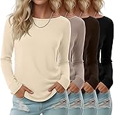 Sweetyweee 4 Pack Women's Boat Neck Shirts, Cotton Long Sleeve Tunic Tops Loose Fit Blouses Basic Casual Fall Tee Shirt