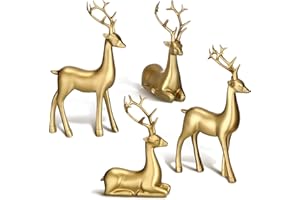 Thyle 4 Pcs Christmas Reindeer Decor Small Resin Standing Sitting Deer Figurine Mini Reindeer Christmas Table Decoration for Home Indoor Xmas Holiday Small Statue Rustic Table Decor(Gold)
