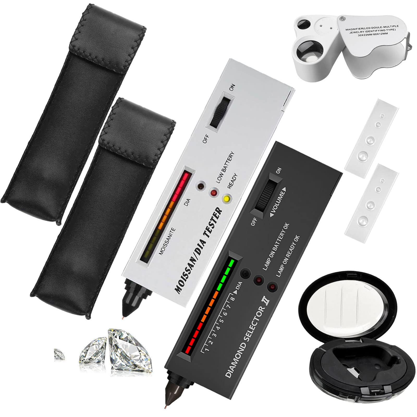 2Pcs Professional Moissan Diamond Tester, High Accuracy Jewelry Diamond Tester Pen Professional Diamond Detector with 30X 60X Mini LED Foldable Magnifying