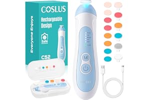 COSLUS Rechargeable Baby Nail File: Cordless Baby Nail Trimmer Electric with 5 Speeds & 6 Grinding Heads for Baby Kid, CPC Certified and Quiet Design - Safe for Sleep Trim Buffer, C52, Blue