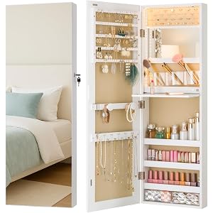 Wall & Door‑Mounted Jewelry Armoire Cabinet with Mirror Storage White | Built‑in Mirror, 3‑Color LED Lights, 3 Acrylic Brush