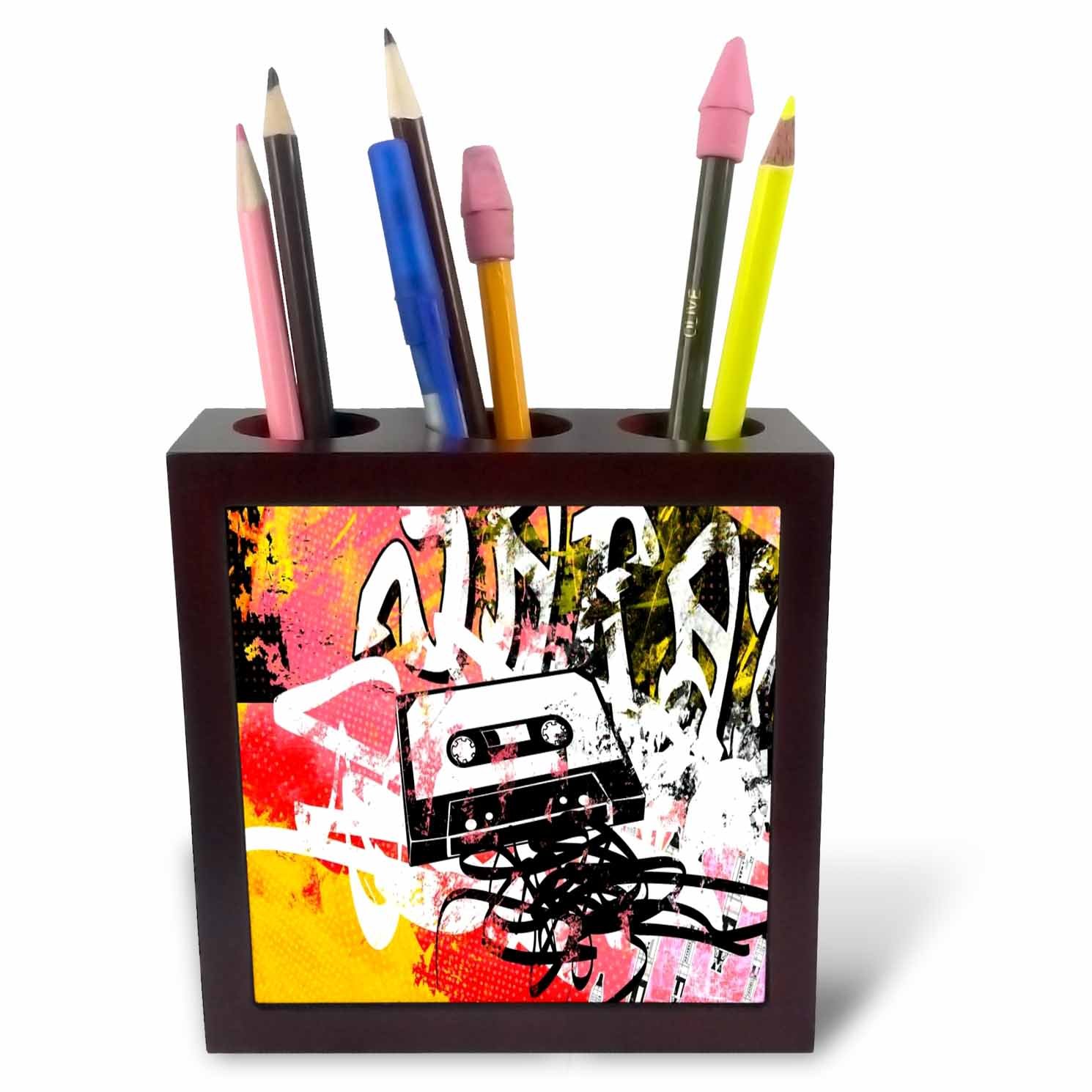 3dRose ph_238649_1 5-Inch Image of Graffiti with Old Vhs Tape Art Tile Pen Holder