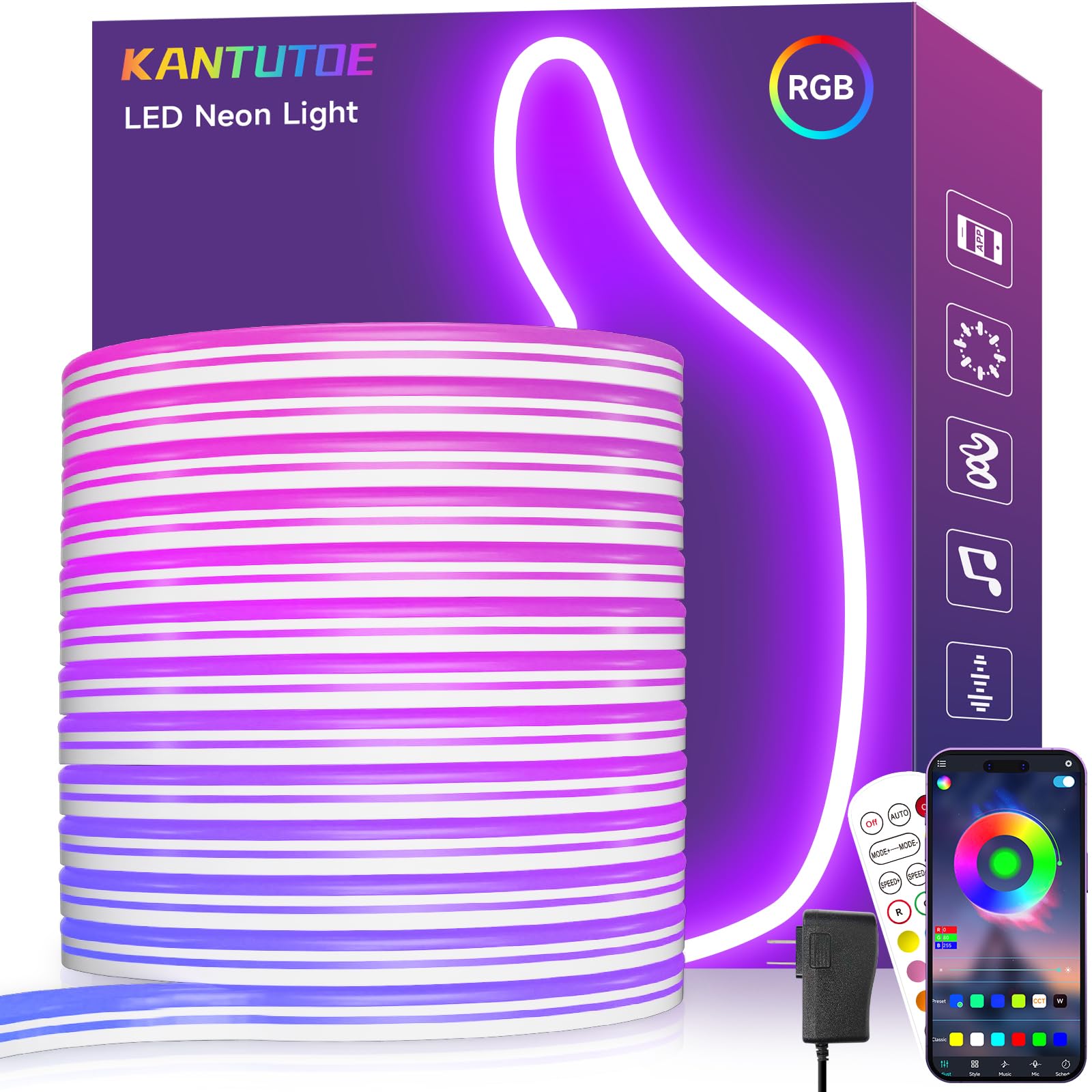 KANTUTOE LED Neon Rope Lights, 32.8ft RGB LED Light Strip, 24V Music ...