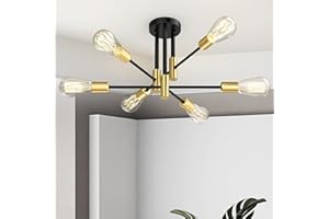 Phaosio Black and Gold Modern Sputnik Chandelier Ceiling Light Fixtures, 6-Lights Mid Century Industrial Metal Semi Flush Mount Lamp for Bedroom Dining Room Living Room Kitchen Hallway Office