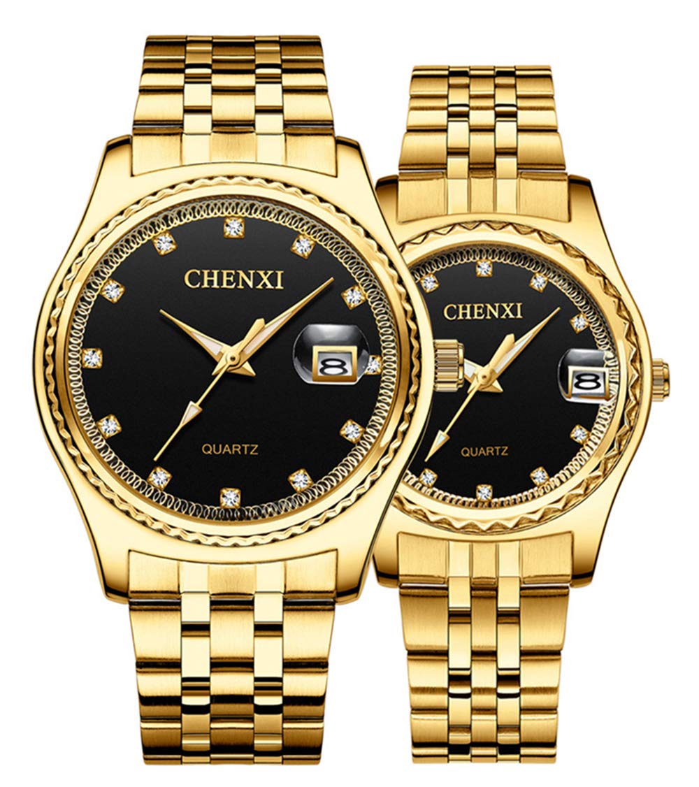 MASTOP Couple Watches Dress Wrist Watch Golden Watch Men Women Stainless Steel Waterproof Quartz Watch, two tone/black, Quartz Watch