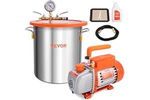 VEVOR 5 Gallon Vacuum Chamber Kit, 40 Micron Vacuum Chamber, 3.5 CFM Single Stage Vacuum Pump Set, with Tempered Glass Lid, Pure Copper Motor, Check Valve, for Wood Stabilization, Resin Degassing, DIY
