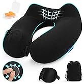 Glyzia Inflatable Travel Neck Pillow for Airplane, Head Support Velvet Adult Neck Pillow for Long Flight, Kit with Eye Mask, Earplugs and Storage Bag,1, Black