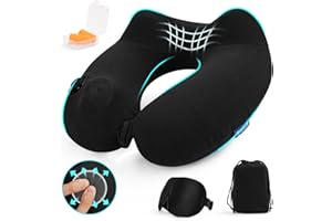 Glyzia Inflatable Travel Neck Pillow for Airplane, Head Support Velvet Adult Neck Pillow for Long Flight, Kit with Eye Mask, Earplugs and Storage Bag,1, Black