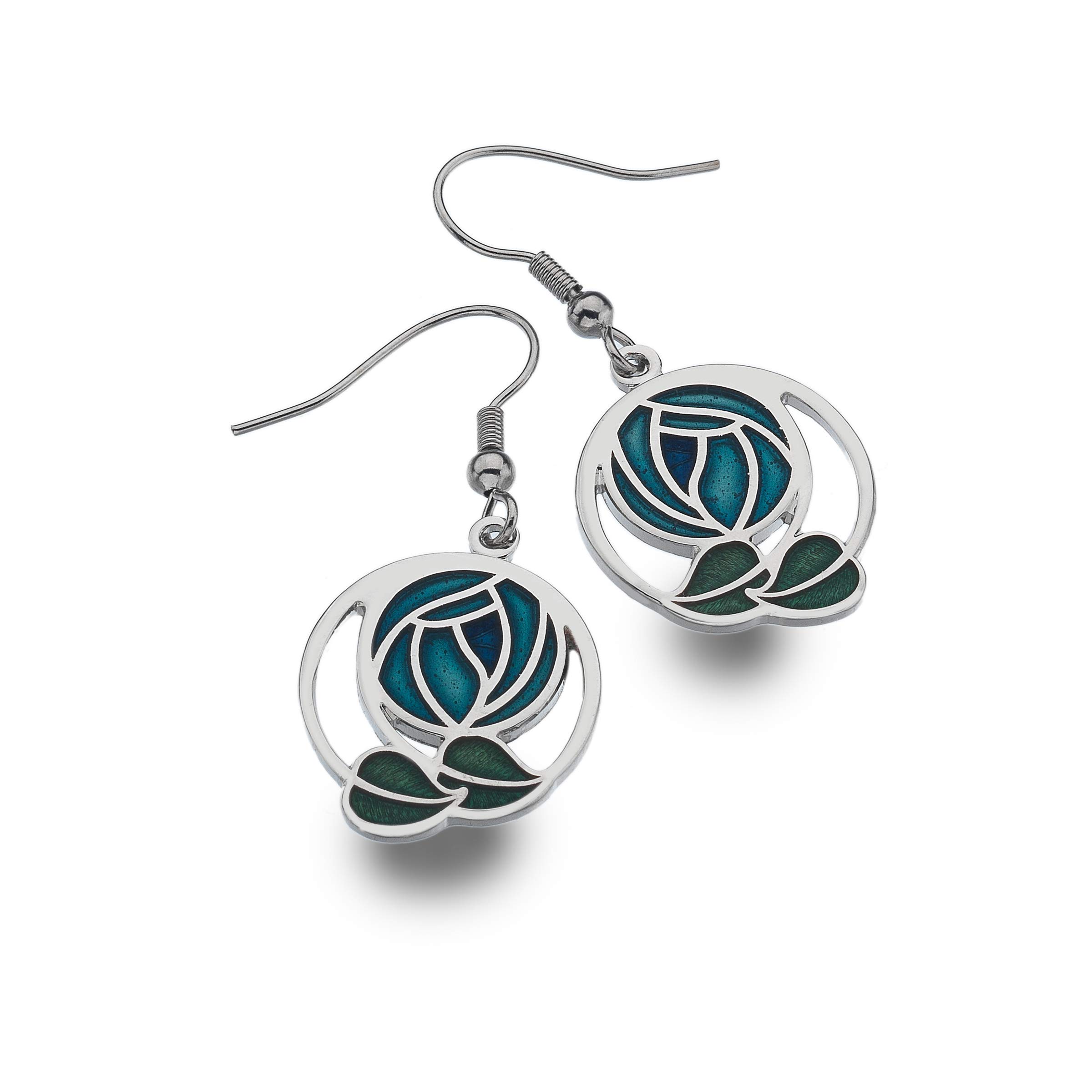 Rennie Mackintosh Inspired Rose and Leaf 20mm Hook Earrings (Turquoise)